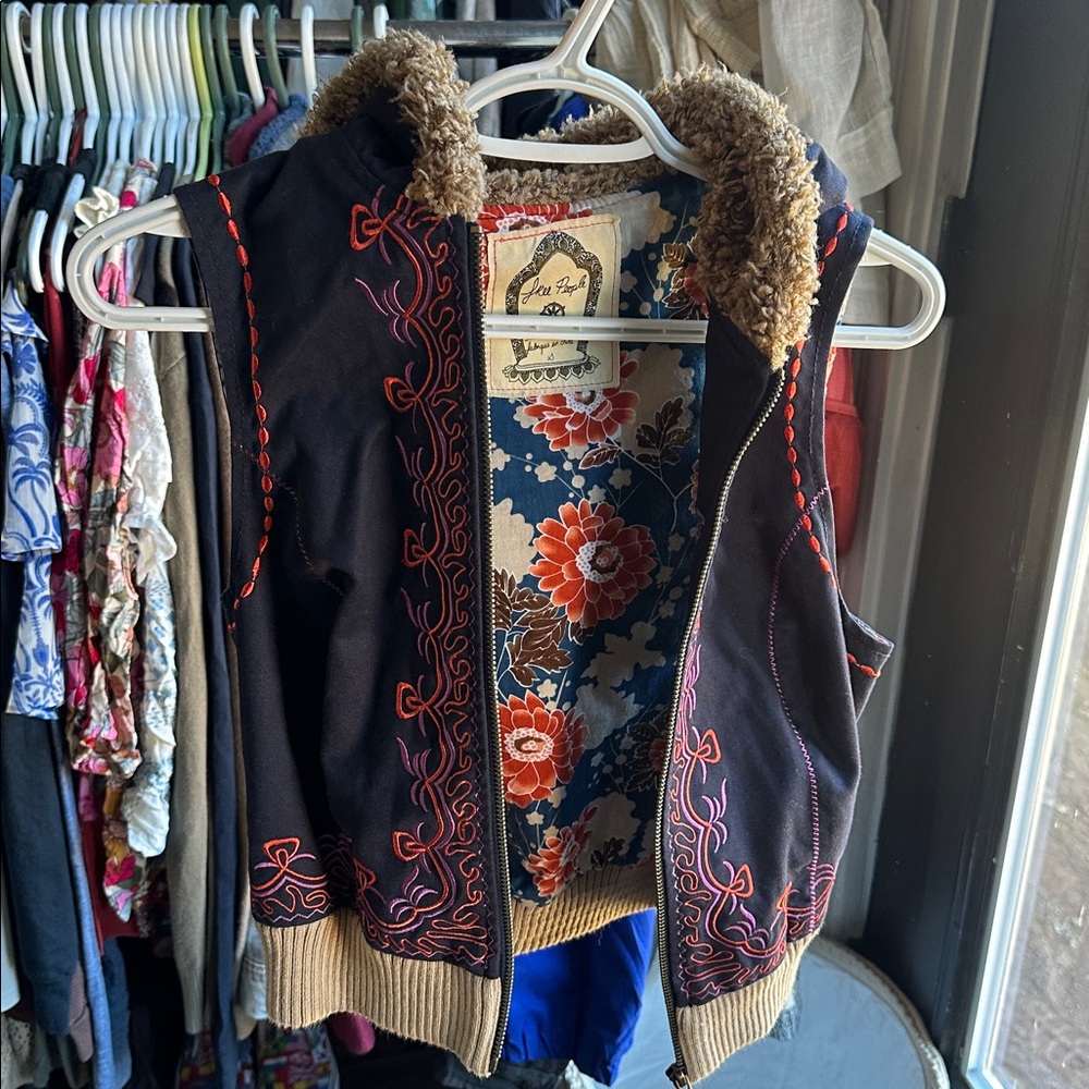Free People Boho Embroidered Floral-Lined Hooded Vest - Black with Floral Lining